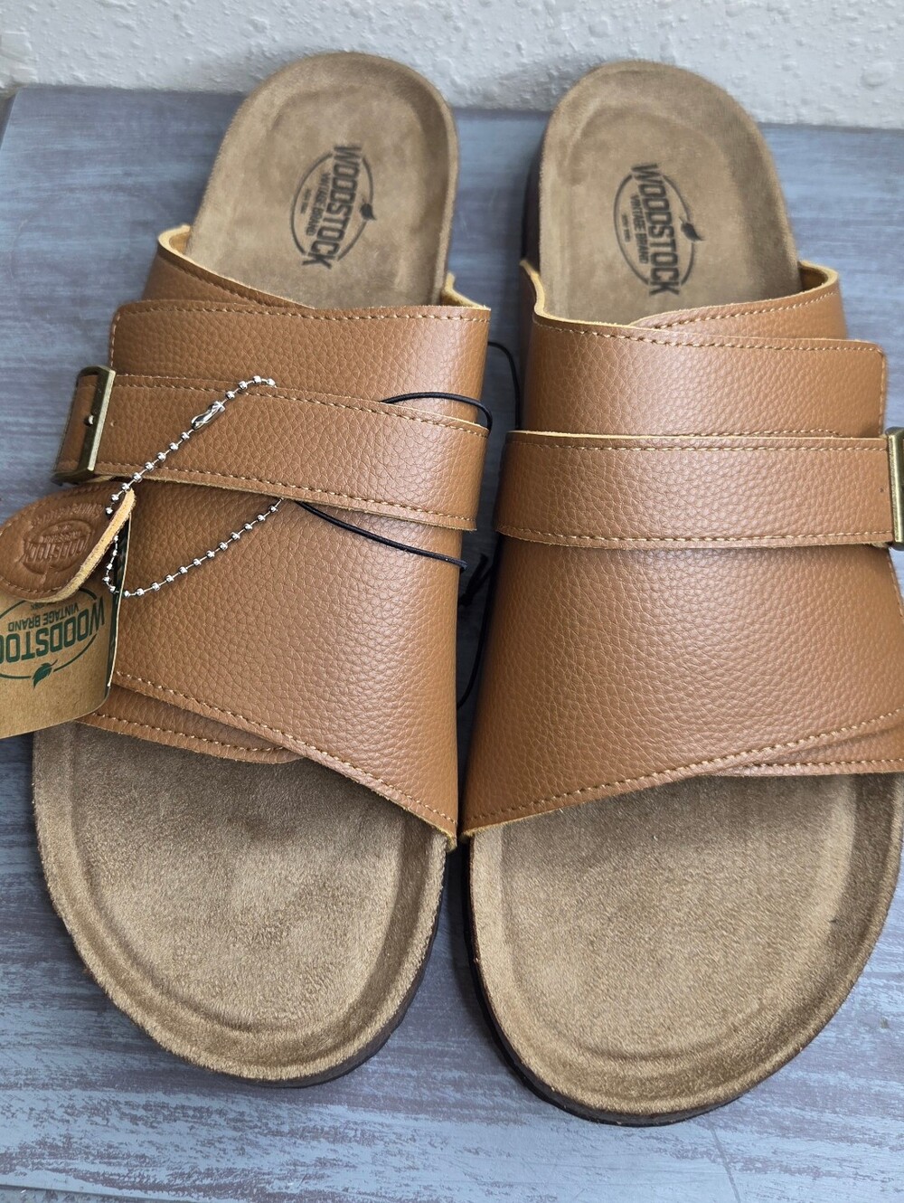 Woodstock Brown Leather Slide Sandals - Adjustable Comfort Mens Size 12 NWT